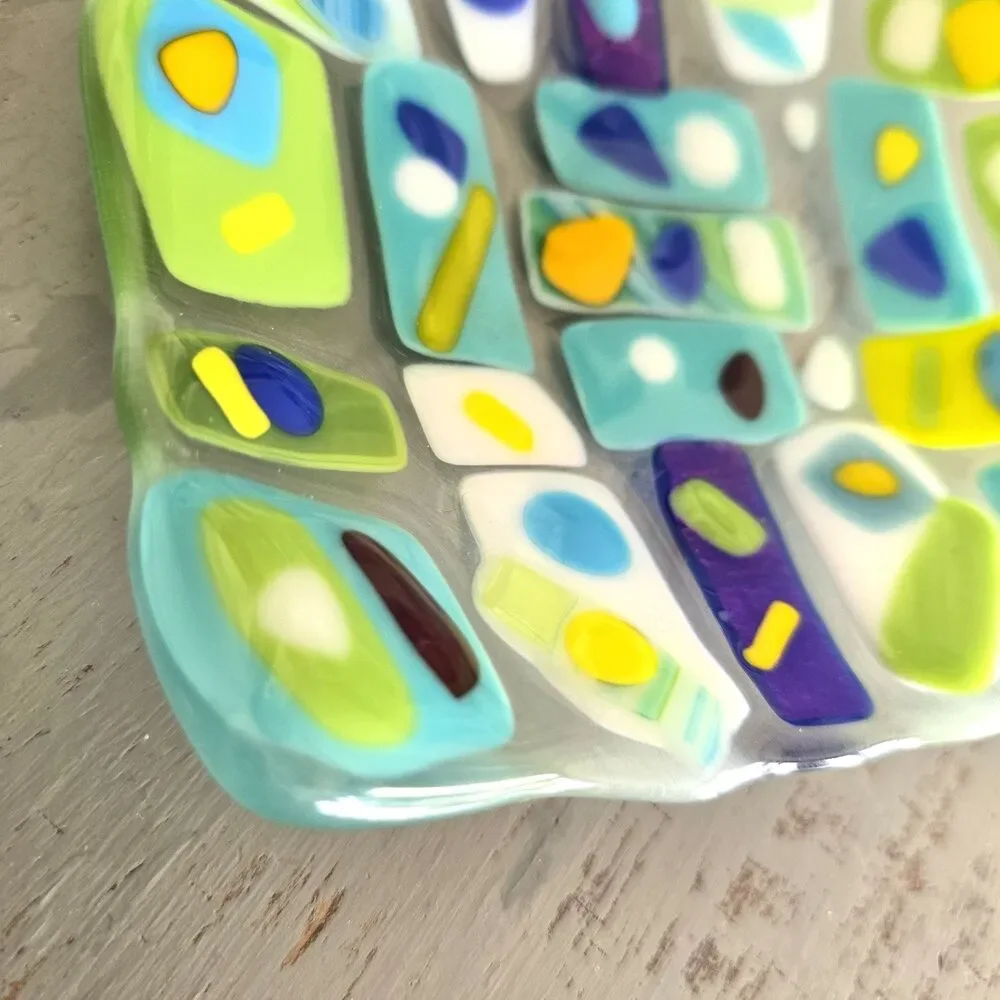 Studio Fused Art Glass Slumped Dish Geometric Mosaic Trinket Catchall 6